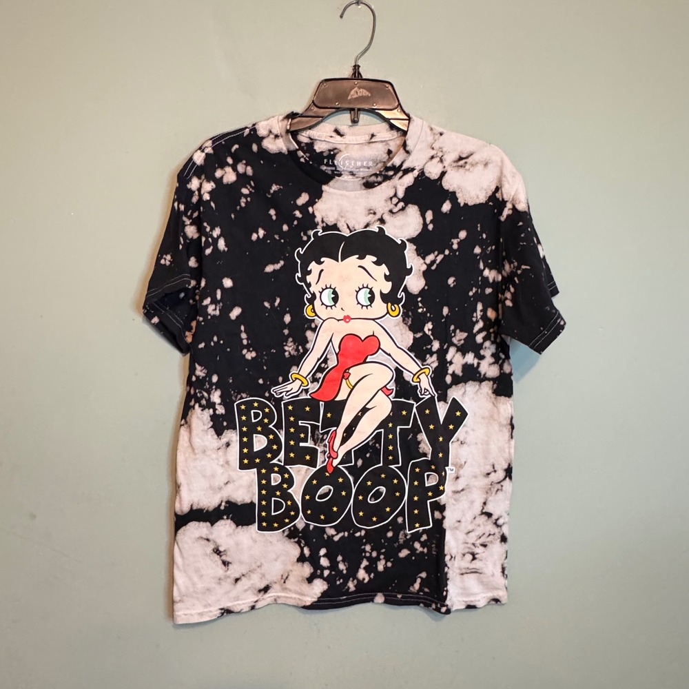 Betty Boop Bleach Dye Graphic T-Shirt Fleischer Studios Small Black Acid Wash
